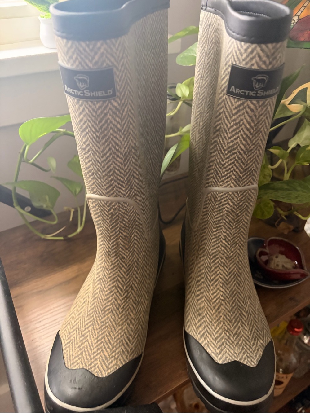 Women's Tan Herringbone Waterproof Winter Rain Boots